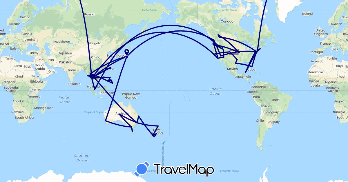 TravelMap itinerary: driving in Australia, Canada, Japan, South Korea, Myanmar (Burma), Mexico, New Zealand, Philippines, Singapore, Thailand, Taiwan, United States (Asia, North America, Oceania)